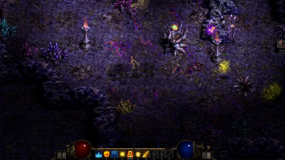 Official Shadow Dungeon Steam screenshot of a player exploring a dark purple dungeon zone.